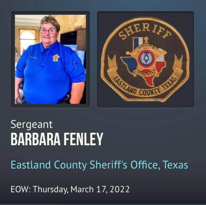 TXSheriffs's tweet photo. Our prayers are with the friends and family of Eastland County Sergeant Barbara Fenley. Sgt. Fenley died attempting to help residents in the ongoing wildfires in Eastland County. We thank her for her dedicated service to her community. #EastlandComplexFire #EastlandCounty https://t.co/DXIBZk1XoA