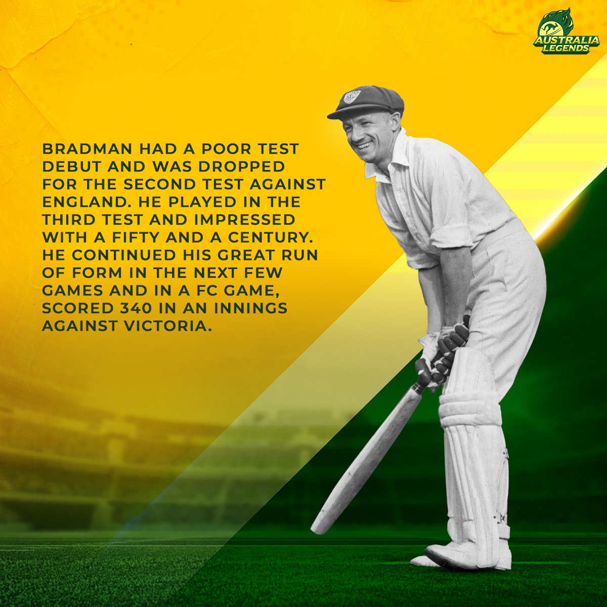 aussie_legends's tweet photo. The greatest-ever batter to have graced the planet, Sir Donald Bradman scored runs for fun. Have a look to know a little more about the ‘The Don’. 😎

#Australialegends #australiacricket #cricket #australia #sirdonaldbradman #knowyourlegend #legend #roadsafetyworldseries #rsws https://t.co/OxXG1Yg0Ih