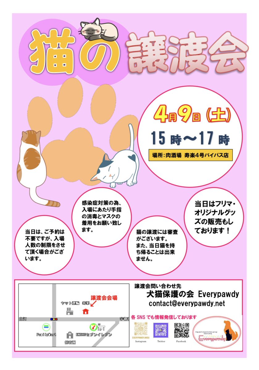 everypawdy's tweet photo. 【拡散希望】
譲渡会のお知らせです！

小山市の多頭飼育崩壊の現場で保護した猫たちがメインの譲渡会です✨

艱難辛苦を乗り越えて、ようやく譲渡会までこぎ着けました⤴️

生後半年程度から成猫まで、かわいい子達いっぱいいますよ😊

当日はオリジナルグッズの販売もしております✨

#保護猫 #譲渡会 https://t.co/KPF9eljCBT