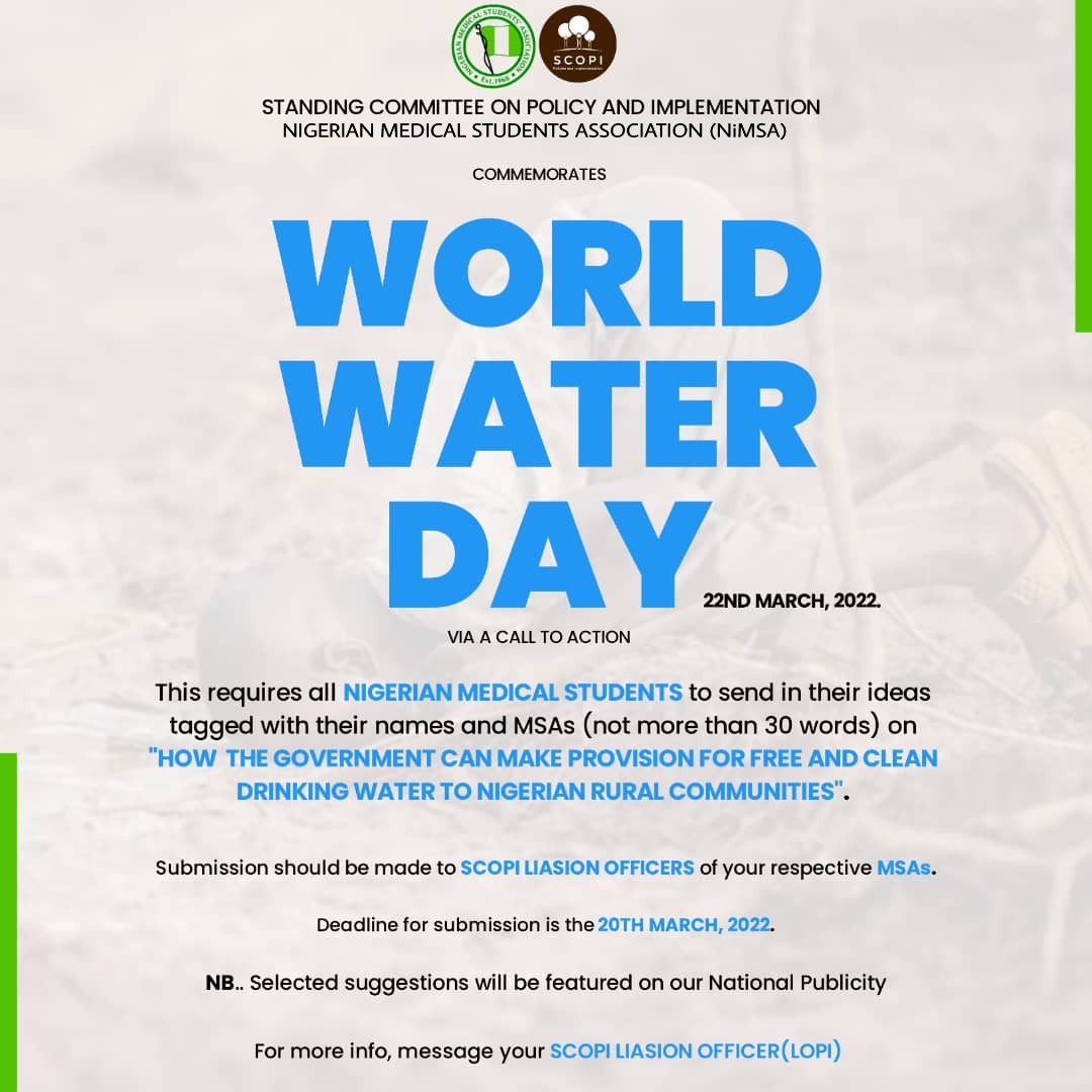 NiMSA__SCOPI's tweet photo. 2 More Days to go!!!💥💥💥
*Standing Committee on Policy Implementation (SCOPI)* 🤎🤎🤎
 *Nigerian Medical Students Association (NiMSA)* 

Commemorates
 *WORLD WATER DAY*🚰 on 22nd March, 2022

Via a *CALL TO ACTION*💪
This requires all Nigerian Medical Students (NiMSAITES) to https://t.co/KpRA3UfrxD