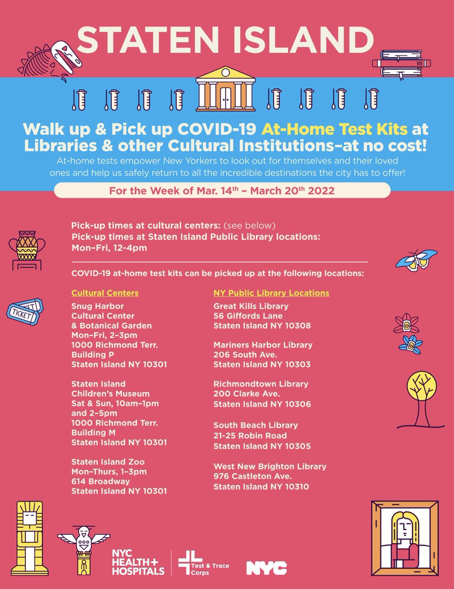 CUCSnyc's tweet photo. Stay safe this weekend, NYC!
Thanks to @NYCHealthSystem and #NYCTestandTrace COVID-19 #AtHomeTestKits are now available at libraries and cultural sites across all five boroughs. Pick yours up today!! 
@nypl @QPLNYC @BKLYNlibrary https://t.co/4fyrVVzkIS