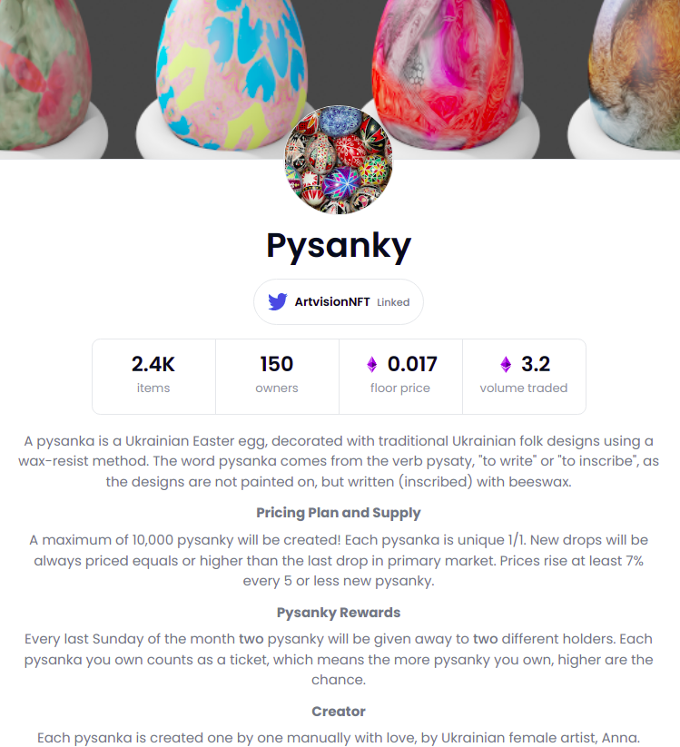 ArtvisionNFT's tweet photo. Last hours to get a pysanka and join the special giveaway of 4 pysanky to 4 pysanky holders! 🥳 The winners will be picked at 18h UTC! ⏰

🚨PS: There are some pysanky in secondary market under the floor of primary market!

🔗Link in comments below https://t.co/UAzePeuVAQ