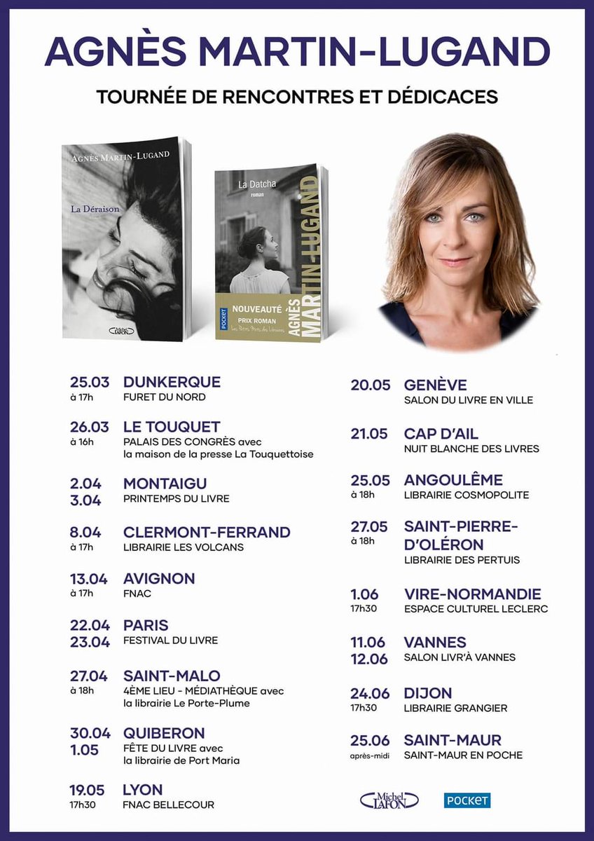 Pocket_Editions's tweet photo. A vos agendas ! Retrouvez #AgnèsMartinLugand en tournée de rencontres et #dedicaces dans toute la France ! 🎉
#pocket #LaDatcha #LaDeraison #editionsmichellafon https://t.co/4f5ssVIthp