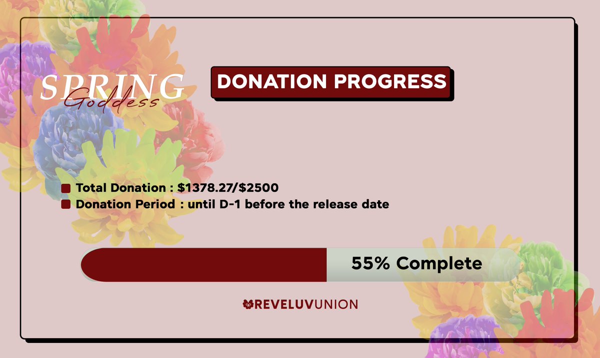 reveluvunion's tweet photo. #RVU_SpringGoddess fundraising is ending soon! As of 11pm KST, we were able to collect 55% of the goal. It's not yet too late to help out!

Minimum amount to help out is $1!

Let's make this the best comeback for #RedVelvet!

Donation links:
➡️ https://t.co/o5LuX8Pvwh

@RVsmtown https://t.co/zPXCK0gFxA