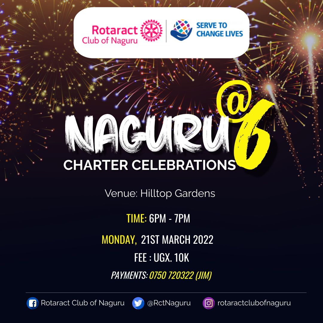 RctNaguru's tweet photo. Hello dear club members, partners & friends of @RctNaguru!💥⚡
We are thrilled to be having our #6thCharterCelebrations this #Monday6pm at @HilltopNaguru🎯🌠
Come join us, let's celebrate the journey that's been as well as the brilliant future that awaits us🍾🕺💃
See you🎯💯 https://t.co/9iQRPvhHKc