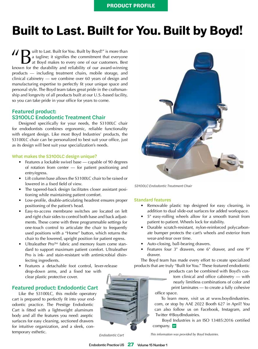 boydindustries's tweet photo. Have you seen the latest issue of the @EndoPracticeUS? Our S3100LC Endodontic Treatment Chair and Endodontic Cart are featured. #BuiltByBoyd https://t.co/Pq97ofX20k