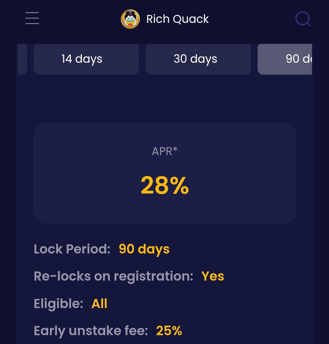 New pool started ❤️🦆

14D 8% APR
30D 13% APR
90D 28% APR

Stake/unstake fee = 0
Early unstake fee = 25%

#RichQUACK #QUACKarmy #QUACKattack $QUACK #launchpad #staking #crypto #BSCGem