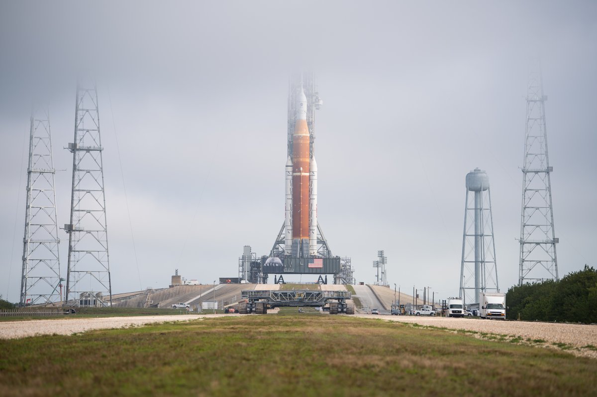 NASA’s Space Launch System rocket with the Orion spacecraft aboard is seen atop a mobile launcher at Launch Complex 39B after being rolled out to the launch pad for the first time at NASA’s Kennedy Space Center in Florida.