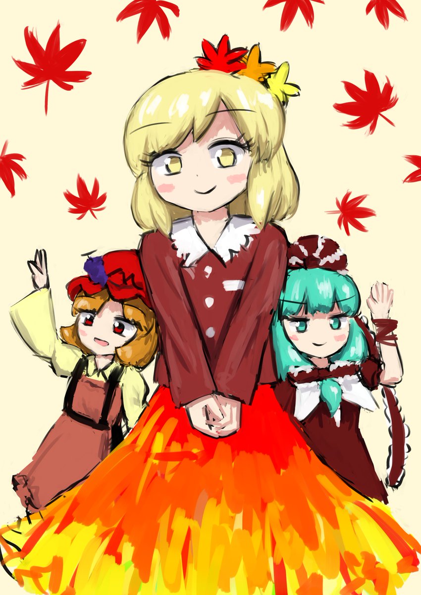 秋穣子 ,秋静葉 ,鍵山雛 「静葉ちゃん #深夜の真剣お絵描き60分一本勝負 」|ライトアス🍄輝神祭 大4のイラスト