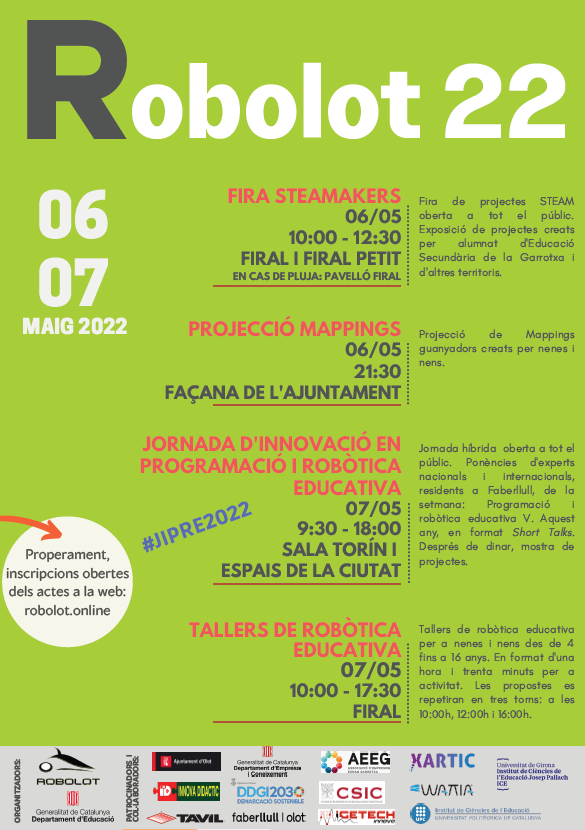 Reserva't 6-7 Maig per a la #JiPRE202221 21a edició <a href="/ROBOLOT/">ROBOLOT</a> :
Jornada de Innovació en Programació i Robòtica Educatives.
 Organitza <a href="/ROBOLOT/">ROBOLOT</a> team i <a href="/cesirecat/">CESIRE</a> d'<a href="/educaciocat/">Educació</a>
Tindrem a @olotuit els creadors de :
😍@SCRATH 😊<a href="/SnapCloud/">Snap! Cloud</a>🙀<a href="/microblocksfun/">MicroBlocks - @microblocks.bsky.social</a> 
💪@ArduinoBlocks 😋<a href="/moodle/">Moodle | Online learning, delivered your way.</a>