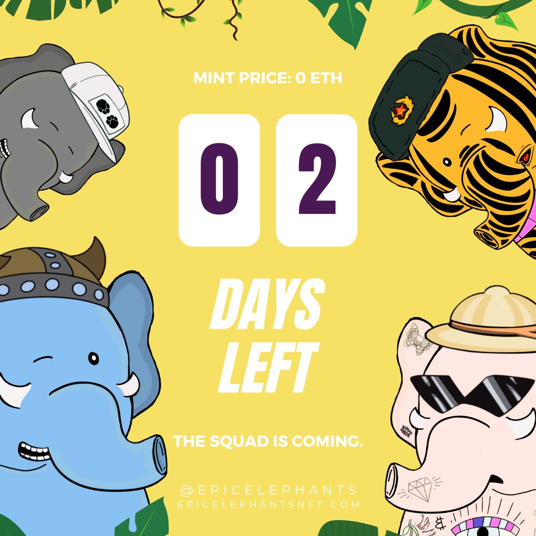 EpicElephants's tweet image. 🚨🚨 2 days away to the FREE MINT 🚨🚨

Discover Epic Elephants Squad linktr.ee/EpicElephants 🐘

✅ Mint Price 0 ETH
✅ 20% revenue donate to Animal Charity
✅ IRL Utilities &amp;amp; Benefits
✅ Free NFT airdrop for Holder
✅ Much more

#NFT #NFTs #NFTGiveaway #NFTCollection