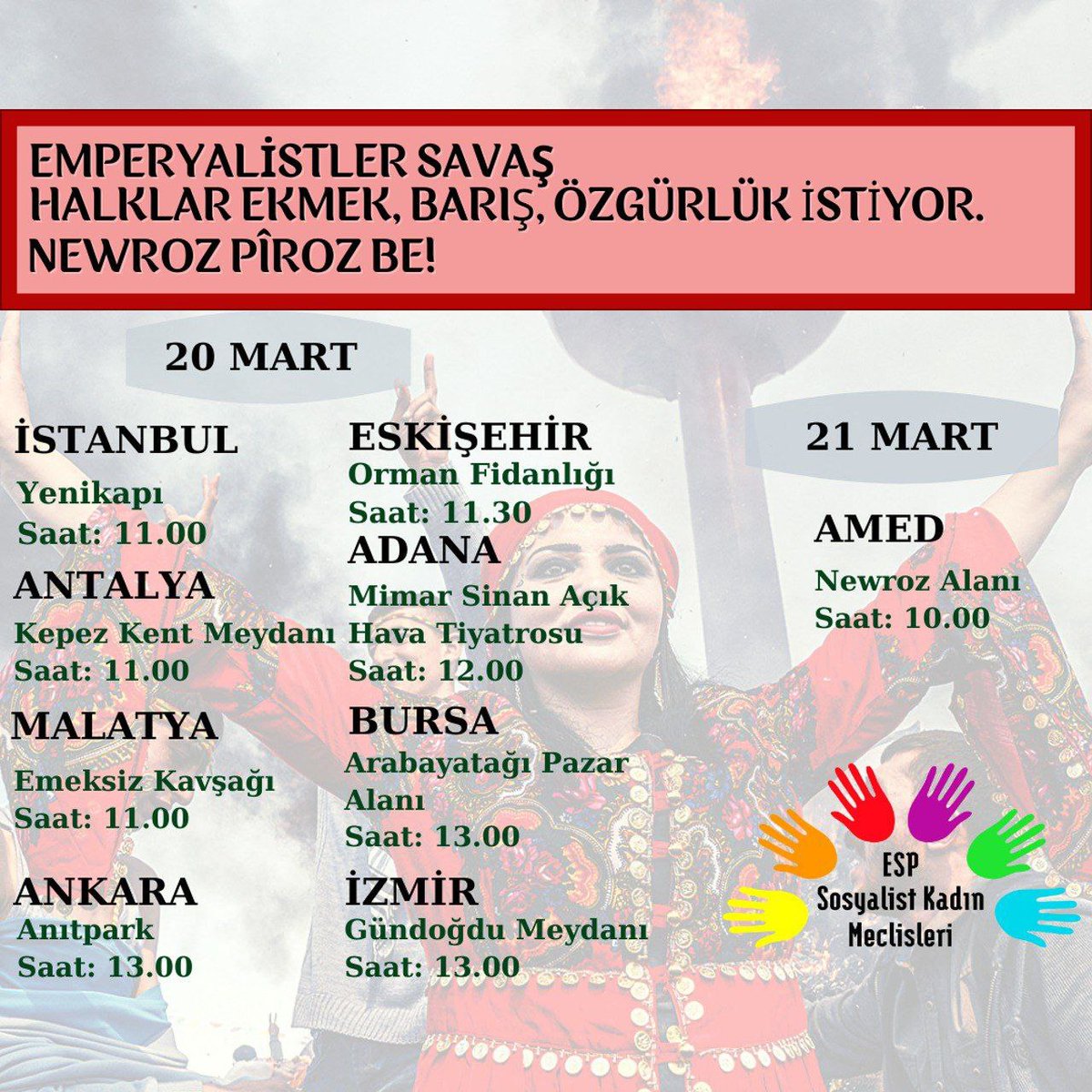 Türkiye ve Kürdistan'da halkların ekmek, barış, özgürlük talebiyle Newroz alanlarındayız.

Kadın özgürlük mücadelemizin coşkusu Kürt halkının #Newroz dirilişi ile buluşuyor.

Newroz pîroz be!