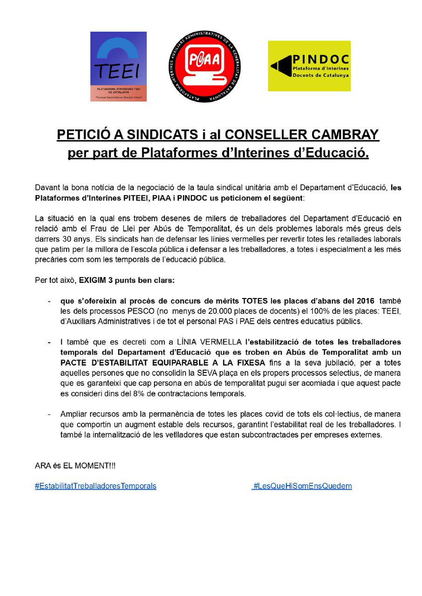 InterinesTeei's tweet photo. 🔴Punt de negociació: Estabilitat de les plantilles‼️ 🗣️📢#CapTeeiAlCarrer #CapInterinaAlCarrer 

@USTECSTEs @CCOOlaborals @CGTEnsenyament @COSEducacio @cupeducacio @Plaboralustec @ugtlaboralsedu @CCOOpublica @FETE_UGT @JosepGCambray @perearagones  @PicInterins https://t.co/5HvXIQPia4