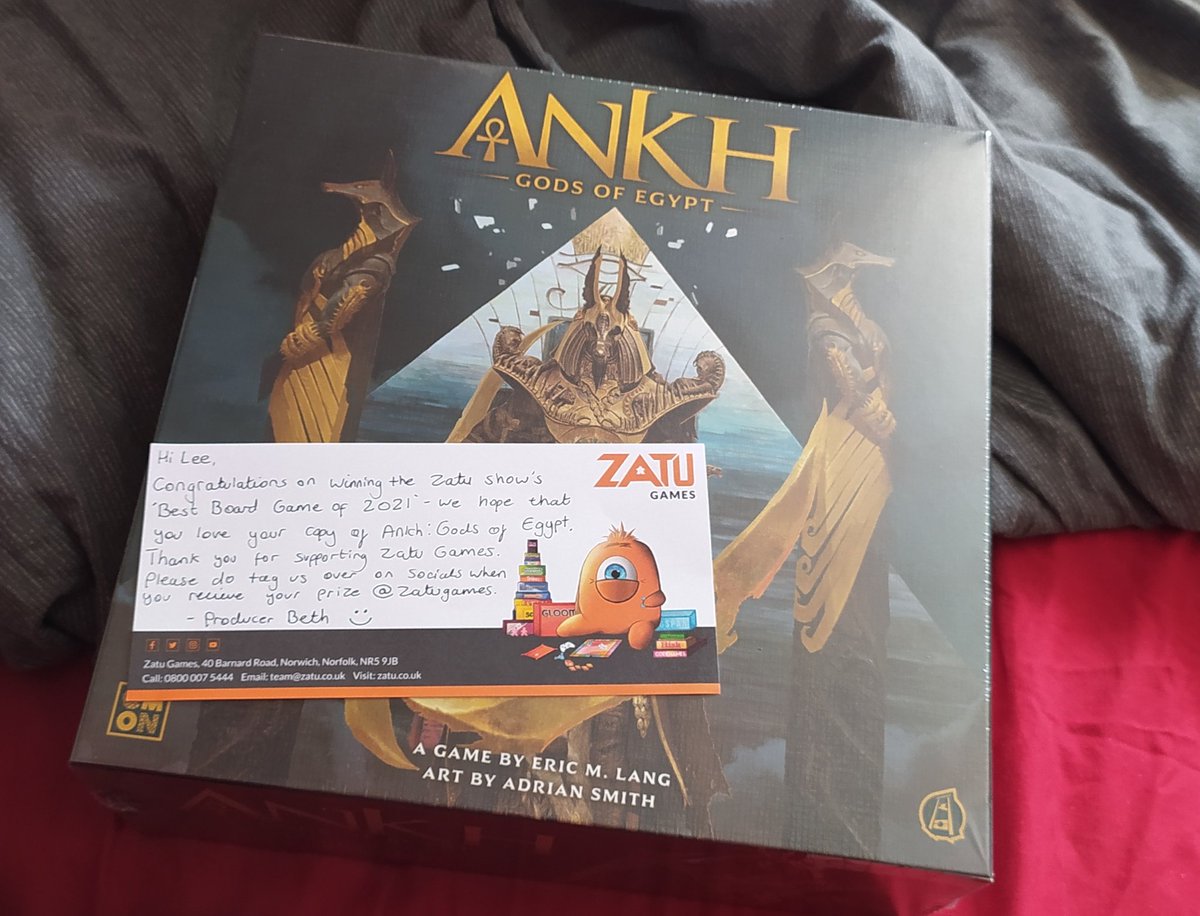 BurningOut's tweet photo. The postman dropped off this beauty this morning 😍 Just received my copy of Ankh: Gods of Egypt from @ZatuGames after winning it in their Best Board Game of 2021 competition! Time to grab a cup of tea and read some rules 🙂 https://t.co/kFNCsnPefZ