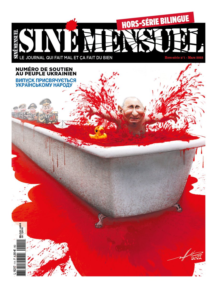 Lacombe_dessins's tweet photo. Numéro spécial @sinemensuel bilingue en soutien à l’Ukraine toujours en vente. Avec des dessinateurs Russes, Ukrainiens et Français. Bénéfices reversés à des assos d’aide en Ukraine. https://t.co/K7eOJlVl0T