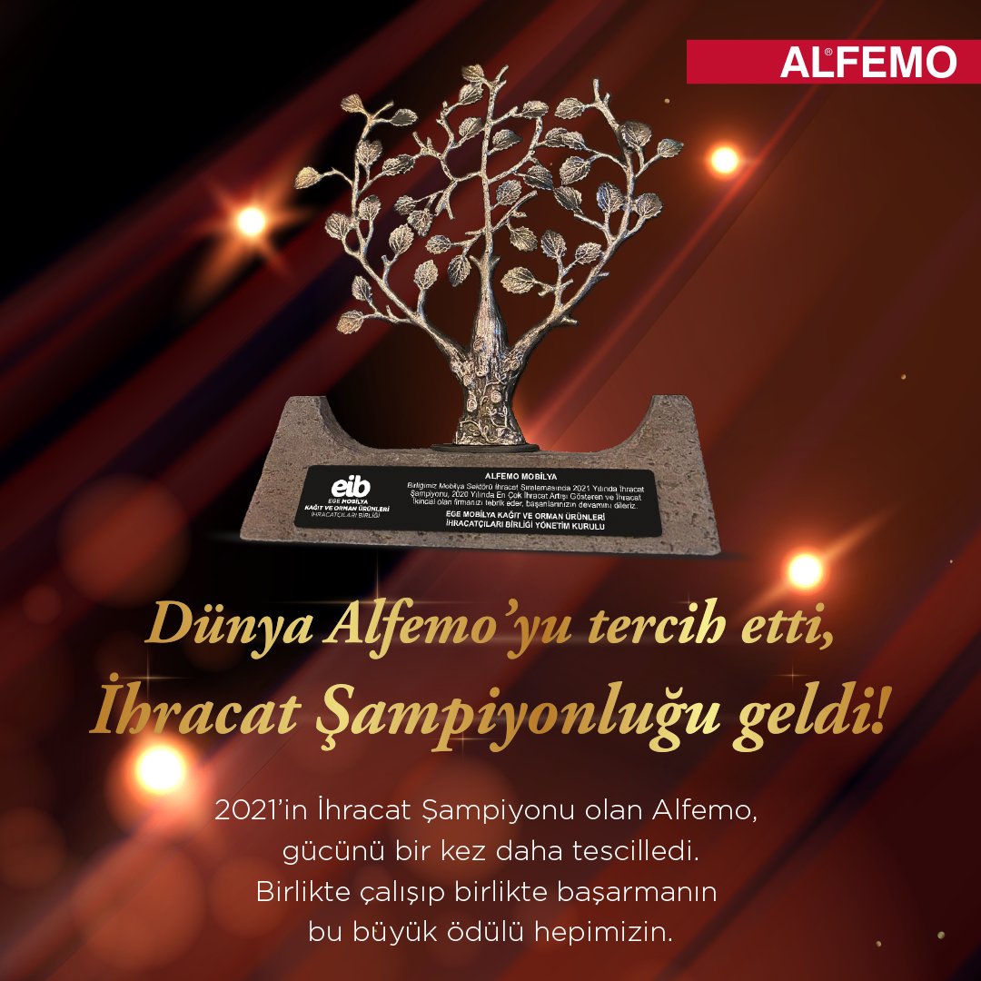 alfemo's tweet image. 2021 yılı İhracat Şampiyonu olduğumuzu gururla duyurmak isteriz. Bu ödülü birlikte çalışıp başardığımız tüm Alfemo çalışanları adına aldık. Bizi tercih ettiğiniz için teşekkürler.

#alfemo #2021ihracatşampiyonu