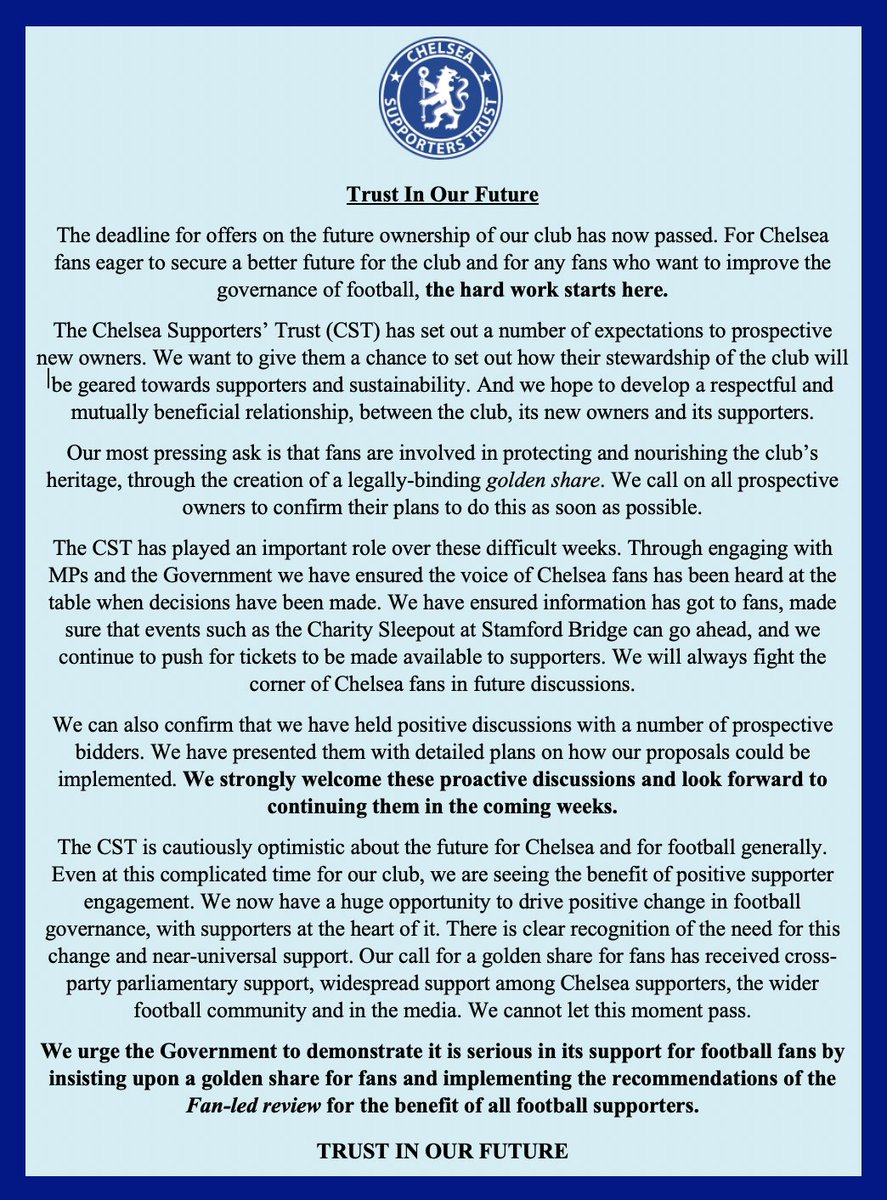 A Chelsea Supporters’ Trust statement.