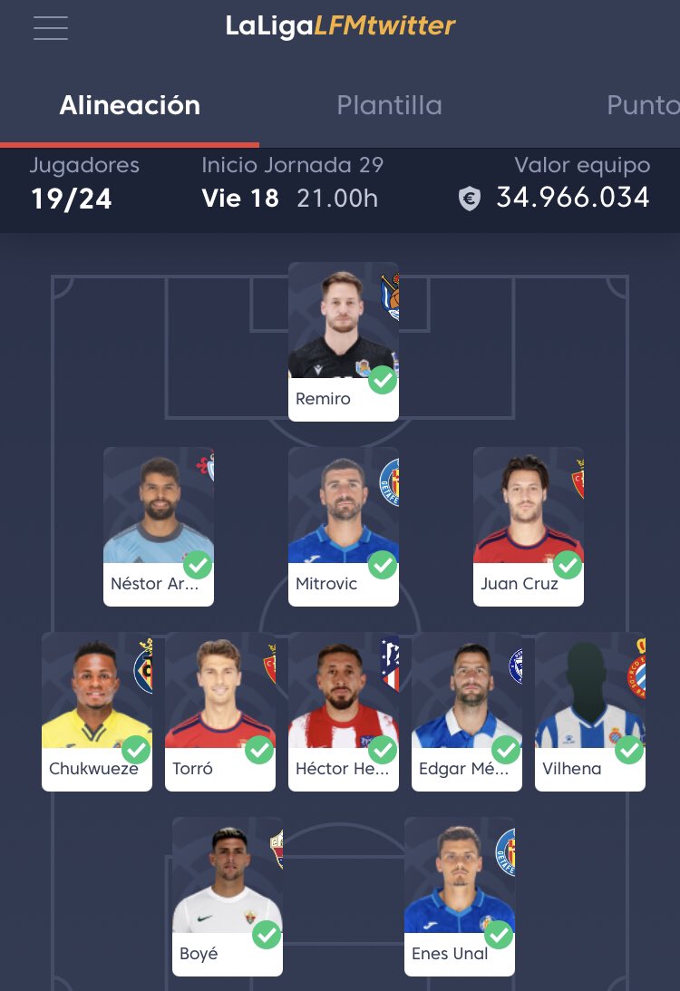 💥Mi 11 Jornada 2️⃣9️⃣ #LFMSrMinguez 🏆 <a href="/FantasyLaLiga/">Fantasy LALIGA</a> 
Patrocinado por <a href="/DeporteParaiso/">Paraiso del Deporte</a> 🤩

A ver esos onces cracks <a href="/julianCHross/">Julian Ross</a> <a href="/Anhaksunamum/">Anhaksunamum</a> @josmiz2 @ToBaFe <a href="/ra_plo/">Ramón 🍍</a> <a href="/DLCDLC5/">DLC DLC</a> <a href="/kingfantasy8/">kingfantasy</a> 💪🏼🔥 Suerte 🍀 

#LaLigaSeJuegaEnFantasy 🚀