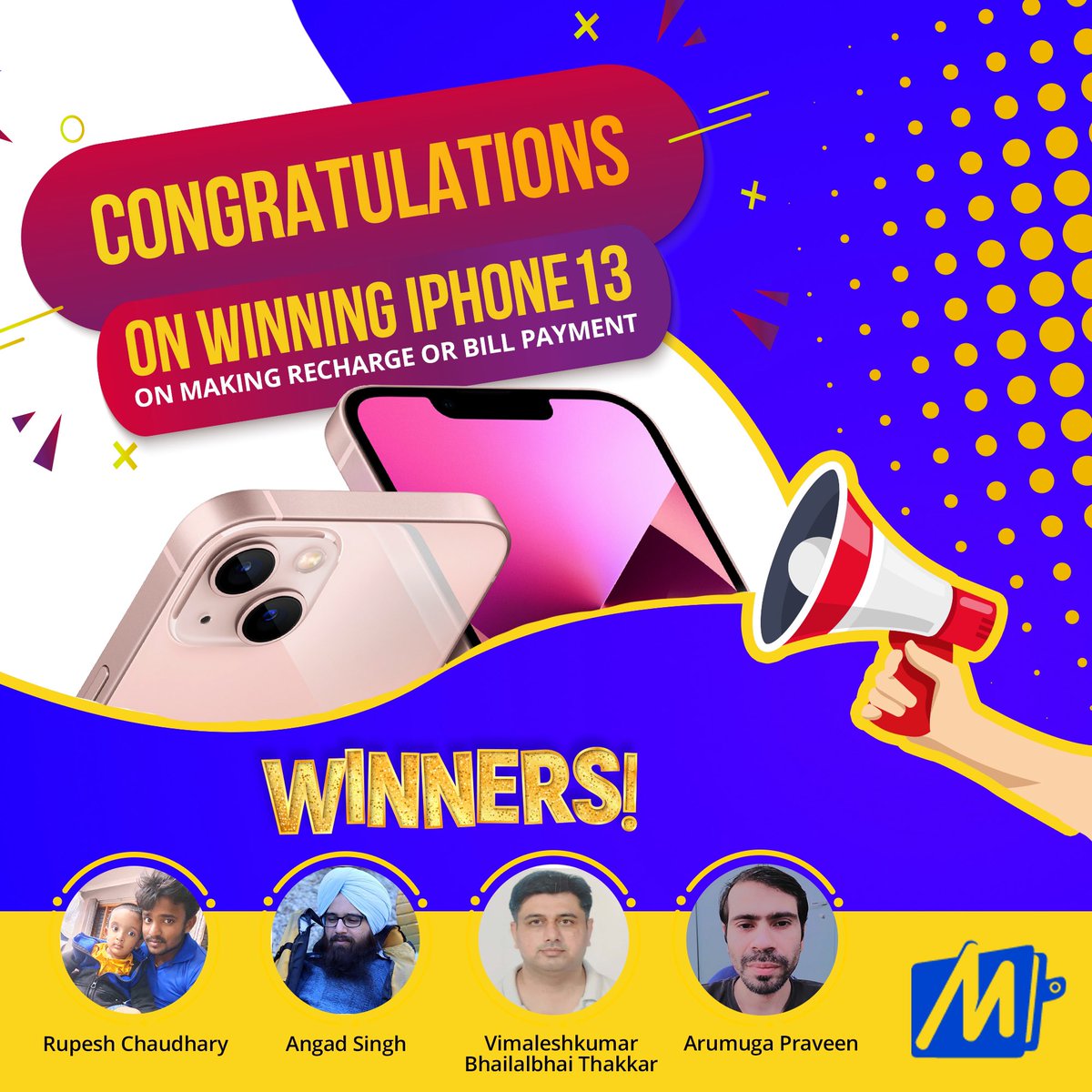 MobiKwik's tweet image. Happy to announce the winners of FREE iPhone 13! Congrats to you 😀🎉
#iPhone13 #winner #contestwin