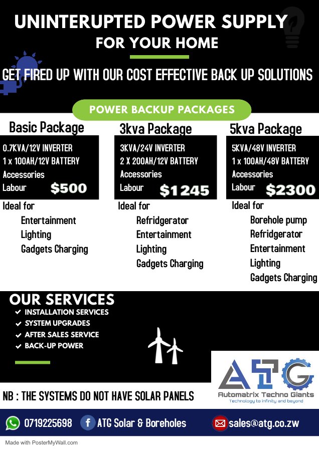 Get power backup systems with options of adding solar panels in the future. These systems charge batteries using electricity.

For quotations and further inquiries app/call 0719225698 or email sales@atg.co.zw
#backup#solarenergy