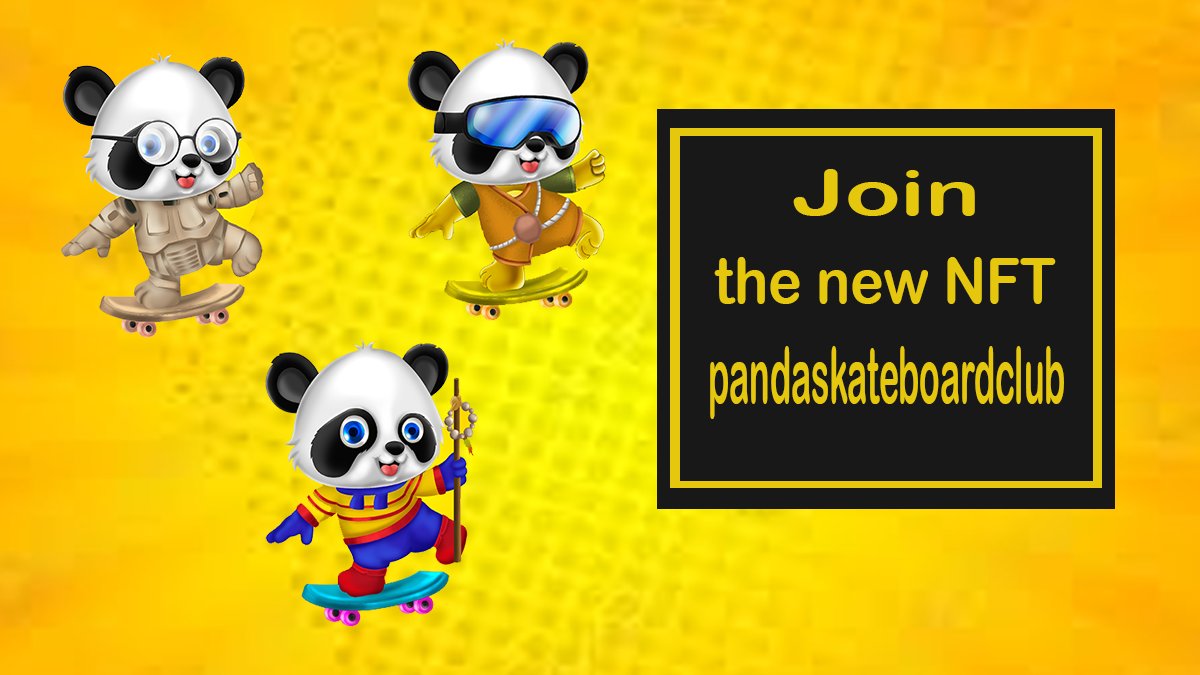 #NFTCommunity <a href="/0xsharksss/">0xSharksss MINTING NOW!!!🦈🟨🔥🚨</a> 
opensea.io/collection/pan…
<a href="/NFCollection2/">PANDA SKATEBOARD CLUB</a> .com <a href="/murdockmurr/">Market4U</a> @FinnyyOG
<a href="/nonfungibles/">NonFungible.com</a> <a href="/GRETA__REYNA/">GRETA REYNA</a> <a href="/heycape_/">Cape 👊</a> #cryptoART #NFT #NFTart #DigitalArt #NFTcollector #NFTCommunityCryptoArt @mrblock_com <a href="/Dreger_13/">Dreger</a>
#nftcollector  #Opensea #NFTartists  #BAYC |