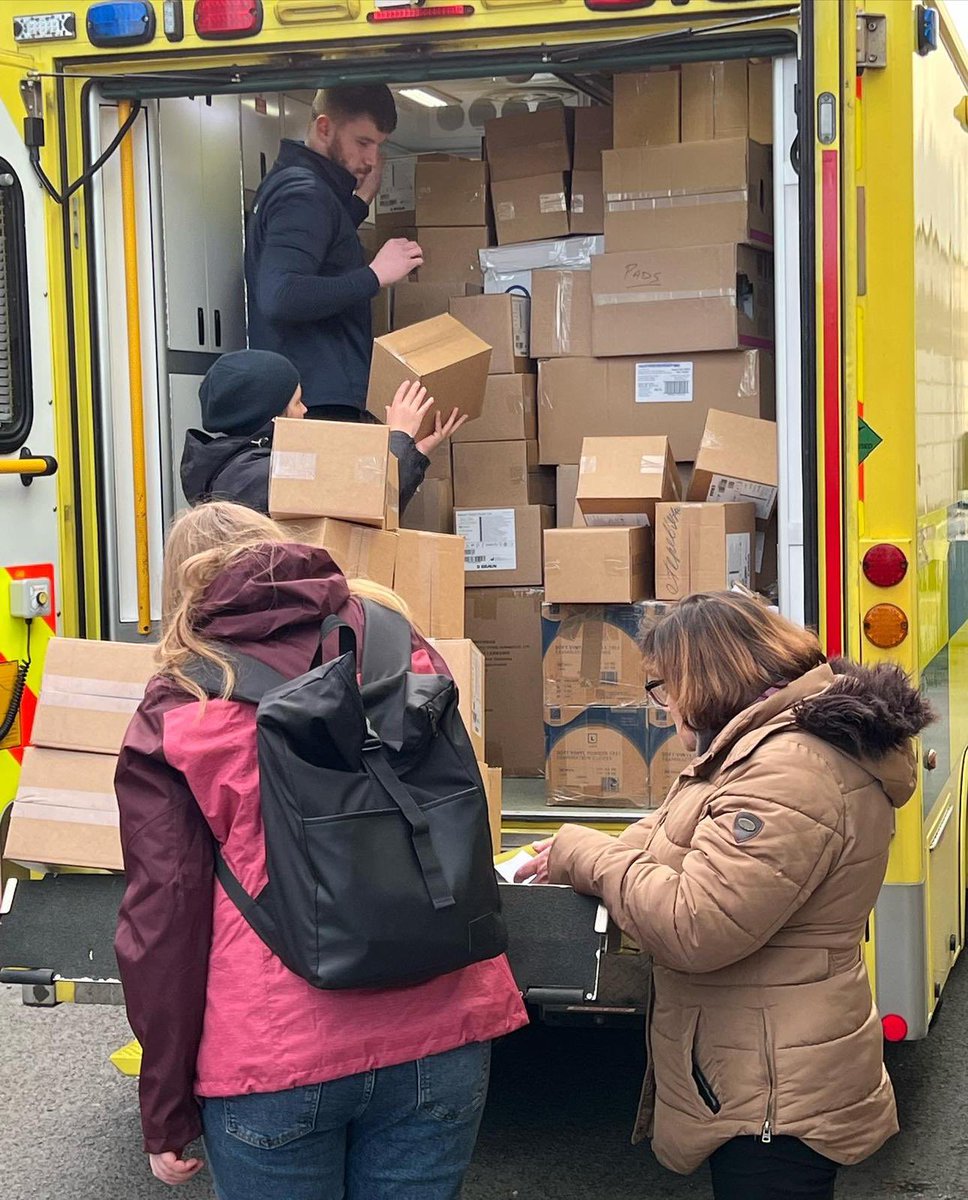 HSELive's tweet photo. Nine fully equipped ambulances, donated by the National Ambulance Service, left Ireland for Ukraine on Wednesday afternoon as part of the HSE’s contribution to the humanitarian response. @AmbulanceNAS https://t.co/ZtaQVU2dAq