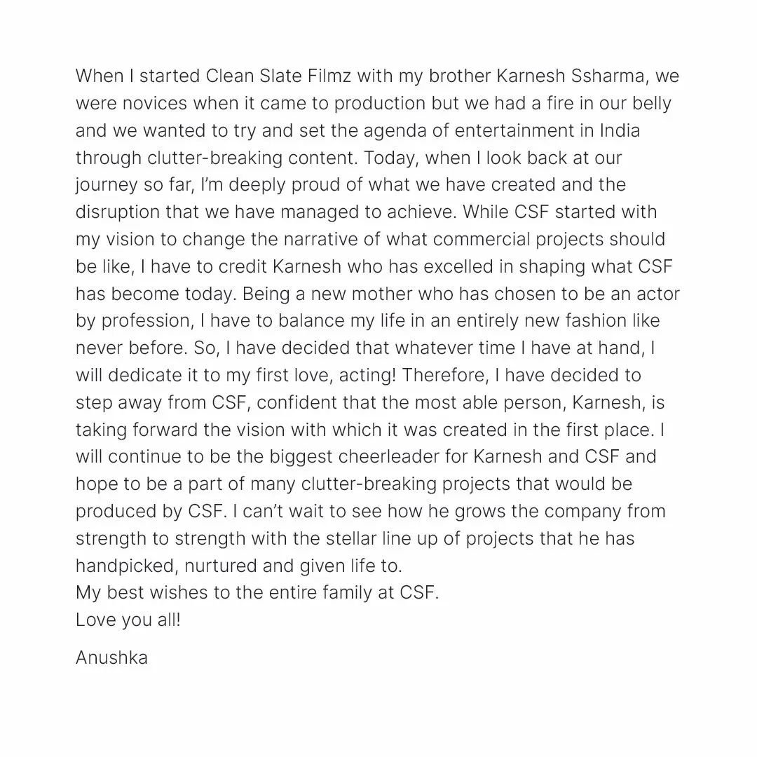 FilmyGupshups's tweet photo. #AnushkaSharma steps away from her production company to dedicate time to first love
@AnushkaSharma wrote 'Being a new mother, I have to balance my life in an entirely new fashion &amp; she wants to focus on acting &amp; #Vamika

#CleanSlateFilms #VamikaKohli #KarneshSharma #ViruShka https://t.co/wDdEWur6KH