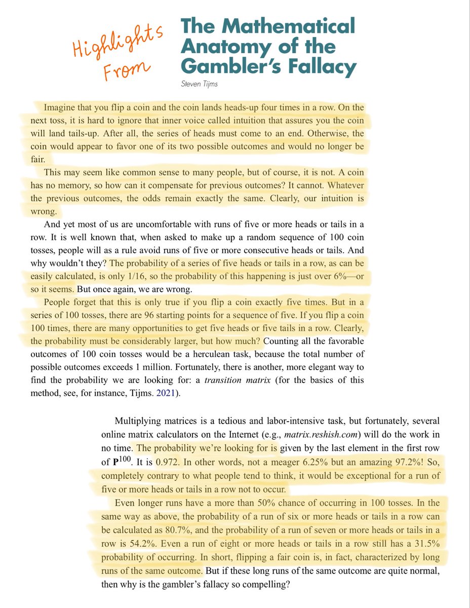 10kdiver's tweet image. This is one of the most thoughtful write-ups I’ve seen on the Gambler’s Fallacy:

tandfonline.com/doi/pdf/10.108…

A MUST read to understand the psychology of probability, how to correctly apply conditional probability and the law of large numbers, etc.

(h/t @stevenstrogatz)