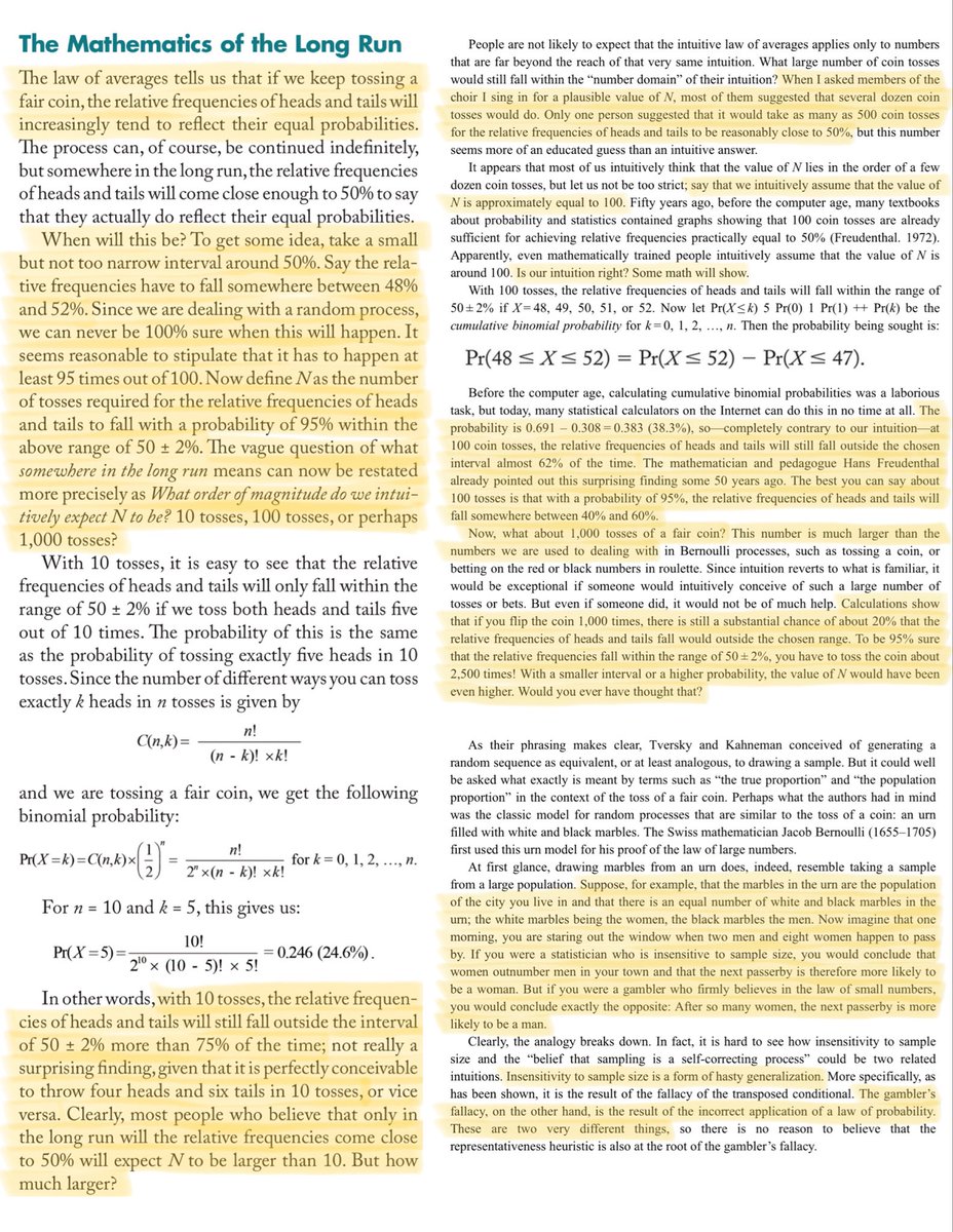 10kdiver's tweet image. This is one of the most thoughtful write-ups I’ve seen on the Gambler’s Fallacy:

tandfonline.com/doi/pdf/10.108…

A MUST read to understand the psychology of probability, how to correctly apply conditional probability and the law of large numbers, etc.

(h/t @stevenstrogatz)