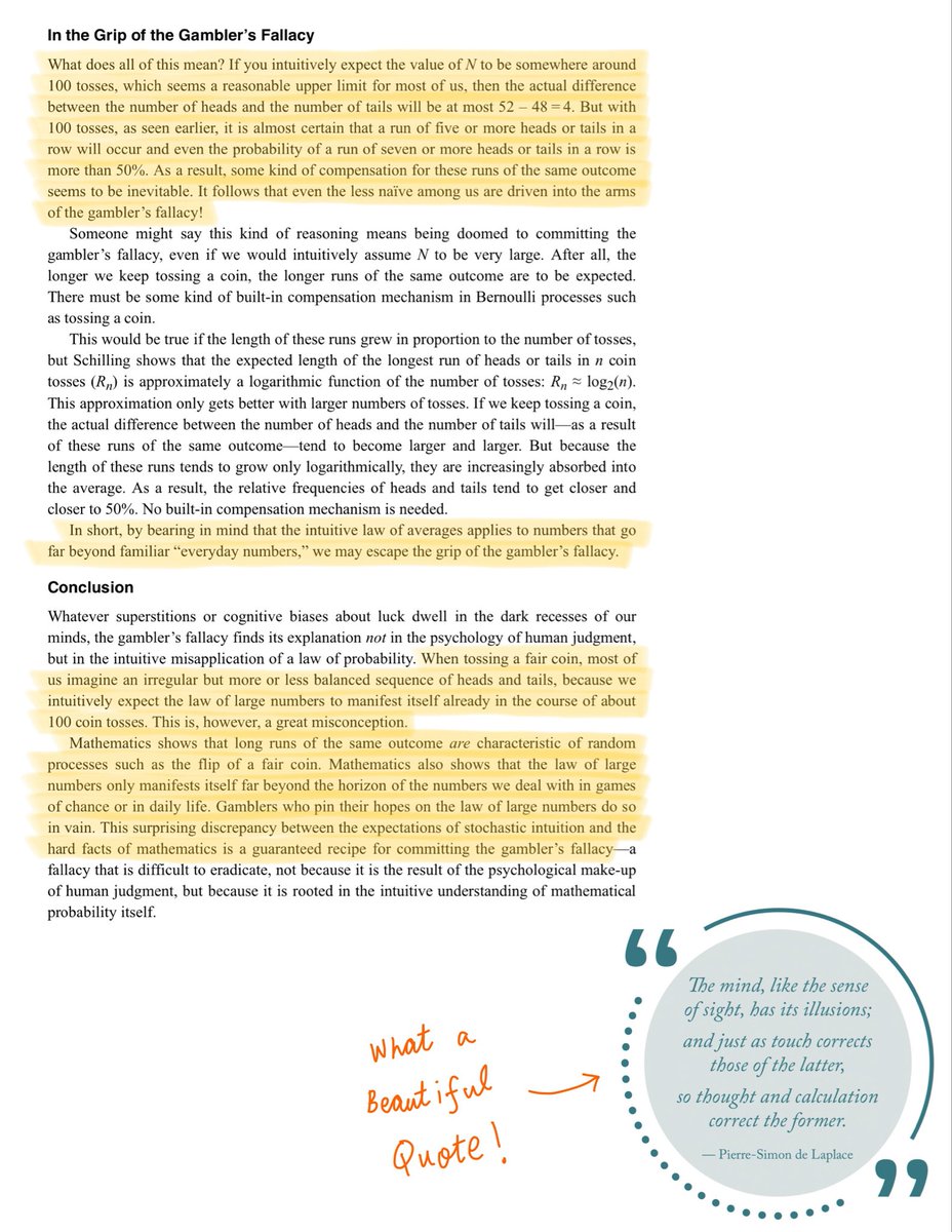 10kdiver's tweet image. This is one of the most thoughtful write-ups I’ve seen on the Gambler’s Fallacy:

tandfonline.com/doi/pdf/10.108…

A MUST read to understand the psychology of probability, how to correctly apply conditional probability and the law of large numbers, etc.

(h/t @stevenstrogatz)