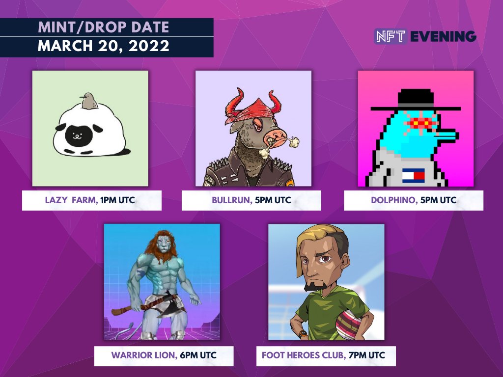 NFT mint/drop today (March 20, 2022):

🧑‍🌾 <a href="/LazyfarmNFT/">Lazyfarm NFT</a>
🐂 @BullrunxSolana
🐬 @NFT_Dolphino
🦁 @WarriorLionNft
⚽ @FootHeroesClub

#nftdrop #nftminting