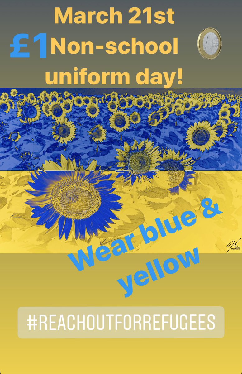 March 21st non-school uniform as part of Reach out for Refugees, minimum £1 donation with a blue and yellow item of clothing! 🇺🇦justgiving.com/campaign/Reach…