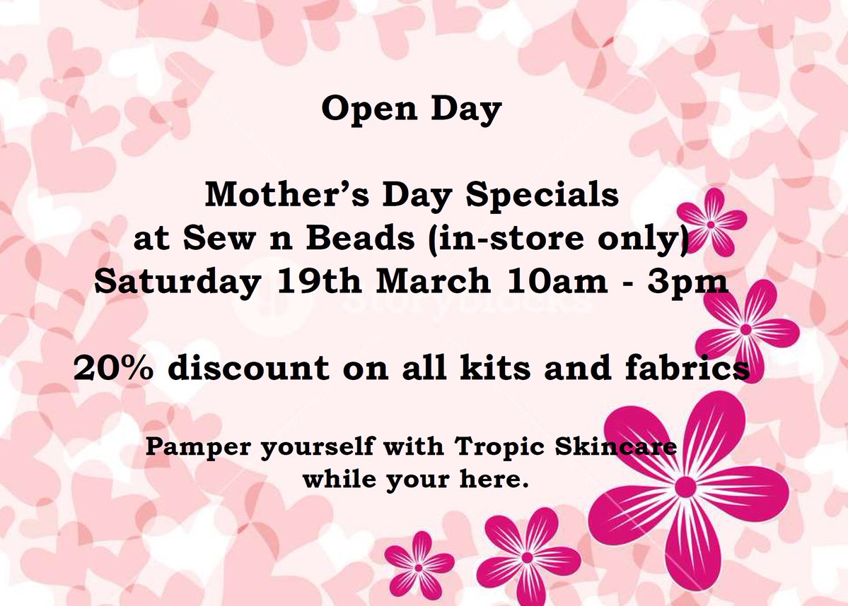 SewNBeads's tweet photo. It's on now!

The Sew'n'Beads Open Day

MOTHER'S DAY SPECIALS!!!

Saturday 19th March - 10am-3pm with 20% off all kits and fabrics - instore only

Come and see us at Sew'n'Beads, opposite Tilgate Nature Centre

#mothersday #fabrics #sewing #sewingkits https://t.co/3wU4h9qxvz