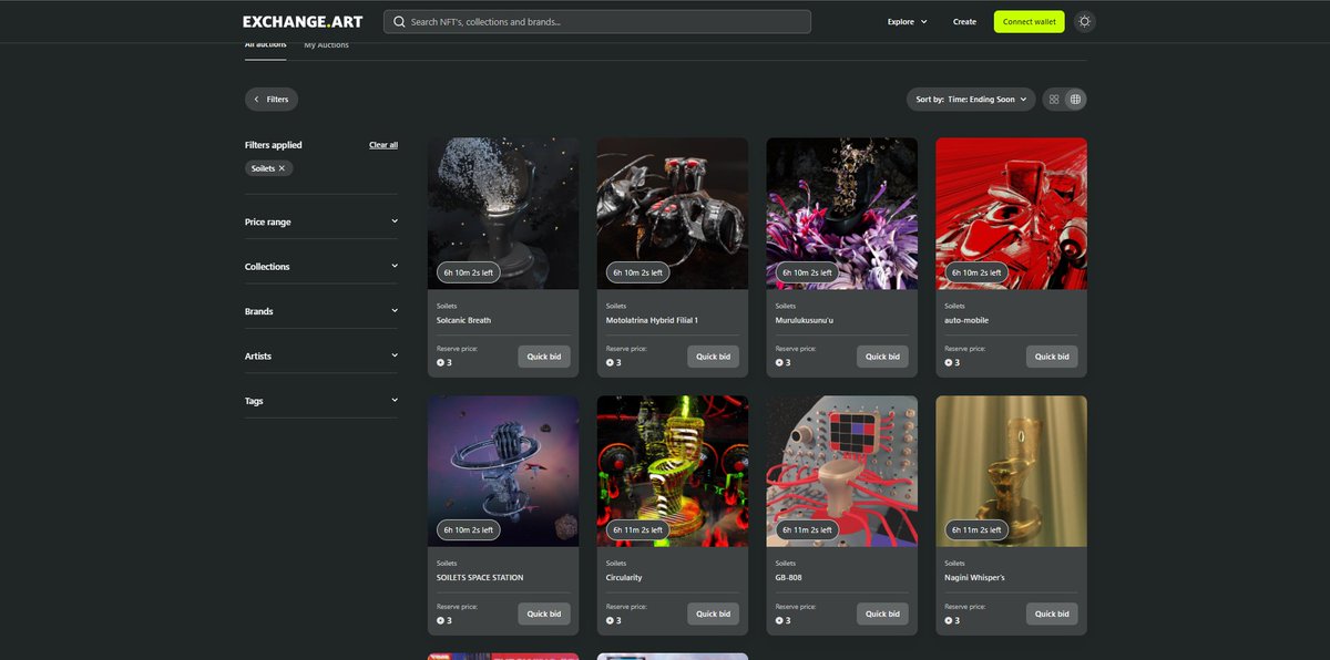 1/1 NFTs, high quality, audiovisual, clean af toilets.
are you still wanna missed this ?
<a href="/SoiletsNFT/">S◎ilets 🚽</a> even more clean displayed on <a href="/exchgART/">Exchange Art</a> dark mode 👀👀👀

join bidwar here 🔻🔻🔻
exchange.art/auctions/all?f…

#ATGMI #SolanaNFTs #NFTCommunity #SolanaCommunity