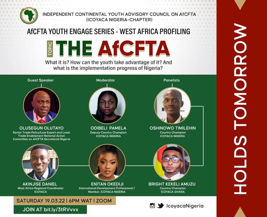 ICOYACA's tweet image. Today is D-day. Catch the #AfCFTA YouthEngage Series today at 6PM WAT/ 7PM CAT/ 8PM EAT.

Register here: bit.ly/3tRVVvx

See you then!

@IcoyacaNigeria @AfCFTA @AfCFTA_Strategy @sebaprunce @AfcftaBizforum @AfCFTANG @AfcftaNigeria @SP_AfCFTA