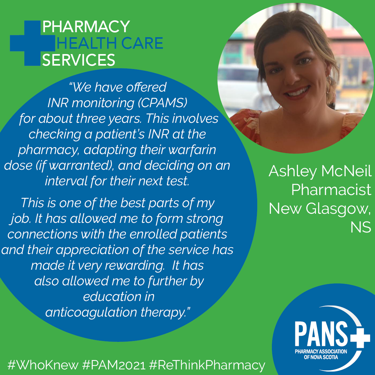 PharmacyNS's tweet photo. Meet Ashley McNeil, a pharmacist who is passionate about our Community Pharmacist-led Anticoagulation Management Service (CPAMS).
Thank you, Ashley, for everything you do for your patients!
#PAM2022 #WhoKnew #ReThinkPharmacy #ThankYouPharmacy https://t.co/GKmLeXODRv