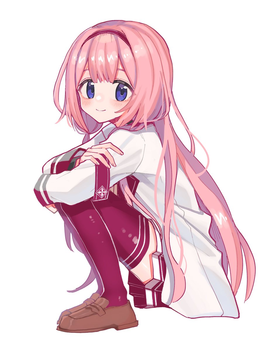 1girl solo long hair thighhighs pink hair smile white jacket  illustration images