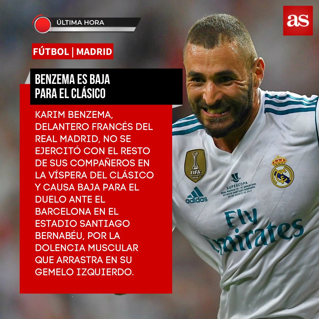diarioas's tweet photo. 🚨 ÚLTIMA HORA
❌ Benzema no jugará El Clásico por lesión https://t.co/NGHey04mUO