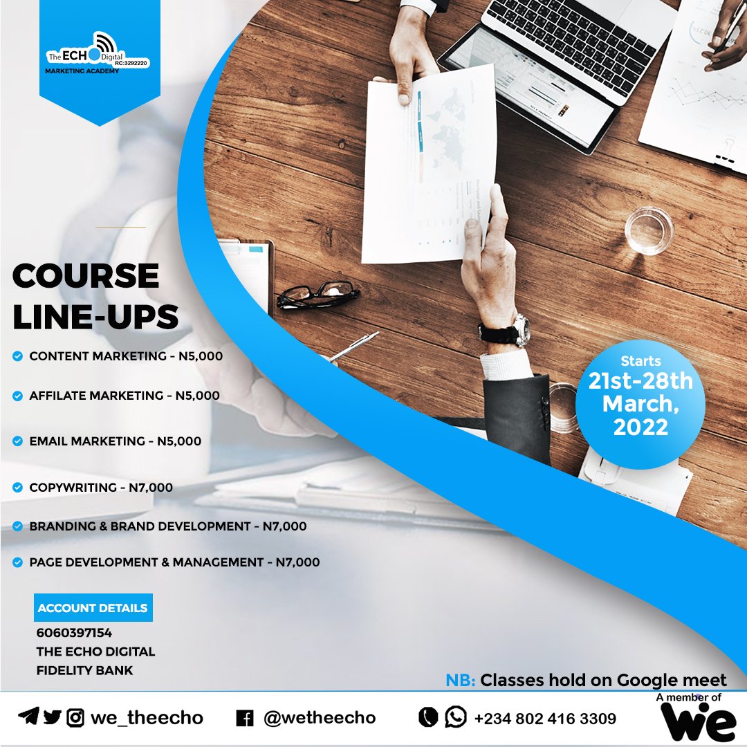 wetheecho's tweet image. Learn Digital Marketing at your pace in a short time and get certified!
Available Courses are listed below.

To sign up, send a DM or
WhatsApp : +234 (0) 802 4163 309

Classes starts soon!

#wetheecho 
#Marketing 
#digitalmarketing 
#socialmediamarketing