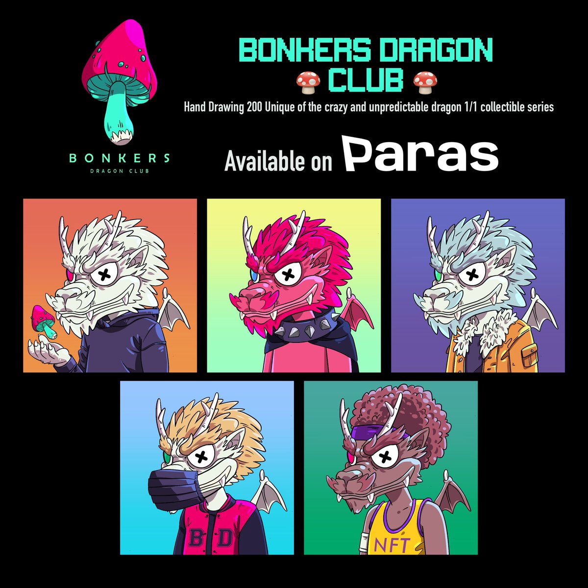 Bonkers Dragon Club 🍄🐲🍄

ดรอปแรกมาแล้วฝากด้วยนะค้าบ สะสมเห็ด มีของรางวัลให้แลกด้วยน้าาา อ่านรายละเอียดใน roadmap ดิสคอตได้เลยย 

Paras : paras.id/collection/bon…
Discord : discord.gg/GEgjTk3r

- - - - -

#NEARnft #NEARverse #NEARProtocol #nearNFTs #PARASnft #NFTTHAILAND