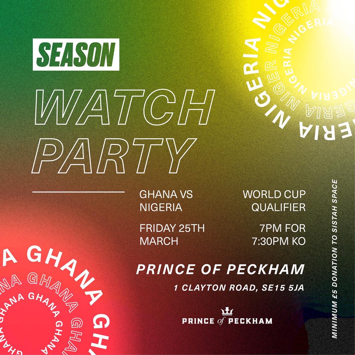 SEASON zine (@season_zine) on Twitter photo Our first event of the year is a Watch Party for Ghana vs Nigeria (WF qualifier) at <a href="/princeofpeckham/">Prince of Peckham</a> on Friday 🥳 🇳🇬🇬🇭 RSVP with a donation to the vital @Sistah_Space here: bit.ly/3udPf16 can’t wait to hang IRL Our first event of the year is a Watch Party for Ghana vs Nigeria (WF qualifier) at <a href="/princeofpeckham/">Prince of Peckham</a> on Friday 🥳 🇳🇬🇬🇭 RSVP with a donation to the vital @Sistah_Space here: bit.ly/3udPf16 can’t wait to hang IRL