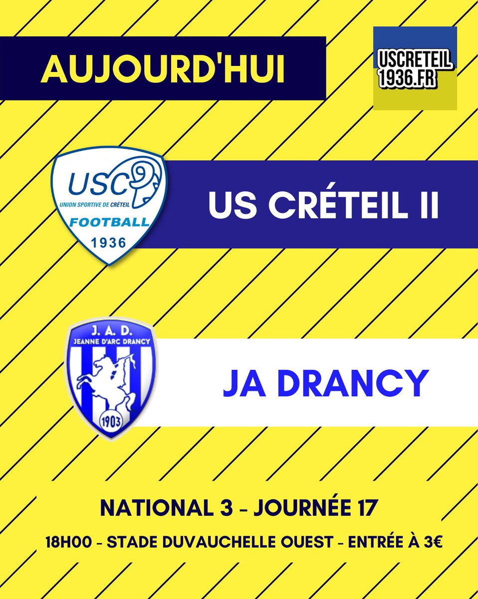 uscreteil1936's tweet photo. Allez, on va essayer de passer outre ce qu'il s'est passé hier soir à Boulogne... 
Go soutenir la réserve dans un match hyper important pour le maintien !

▶️ Contre la JA Drancy, c'est presque un match de gala en National 3 ! 😆
#National3 | #USCLJAD https://t.co/Oq07L1pz7c