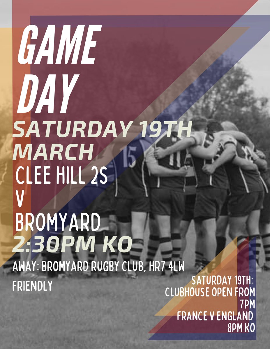 GAME DAY!

🐏The 2s are playing a friendly away against Bromyard, 2:30PM KO
1s have no game today🐏

The clubhouse will be open from 7pm for the last game of the six nations, France v England, 8pm KO🏴󠁧󠁢󠁥󠁮󠁧󠁿🇫🇷

#comeontherams #UpTheRams