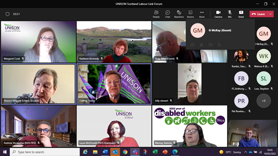 Great to hear from <a href="/AnasSarwar/">Anas Sarwar</a> and Tracey Dalling our new <a href="/unisonscot/">UNISON Scotland</a> Scottish Secretary at today's Scottish Labour Link Forum. Meeting started with Eleanor Haggett, our chair extending solidaity to #StandUpToRacism marchers and <a href="/RMTunion/">RMT</a> &amp; <a href="/nautilusint/">Nautilus International</a> over #PandOBetrayal