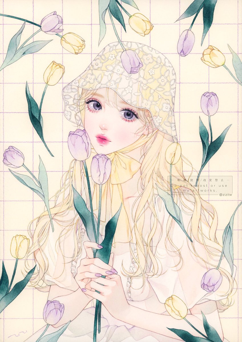 1girl flower solo purple flower purple nails long hair blonde hair  illustration images