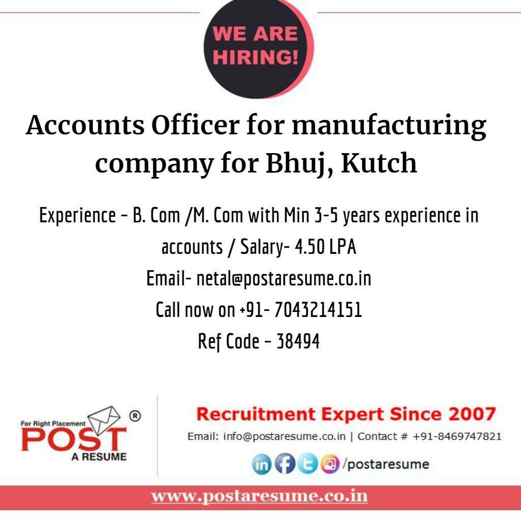postaresume's tweet photo. Accounts Officer for manufacturing company
Location- Bhuj
Experience โ B. Com /M. Com with Min 3-5 years experience in accounts
Salary- 4.50 LPA
Email- netal@postaresume.co.in
Call now on +91- 7043214151
Ref Code โ 38494
#postaresume #accountsjob #manufaโฆ https://t.co/CCuws56DeT https://t.co/HhcUNH2ijK
