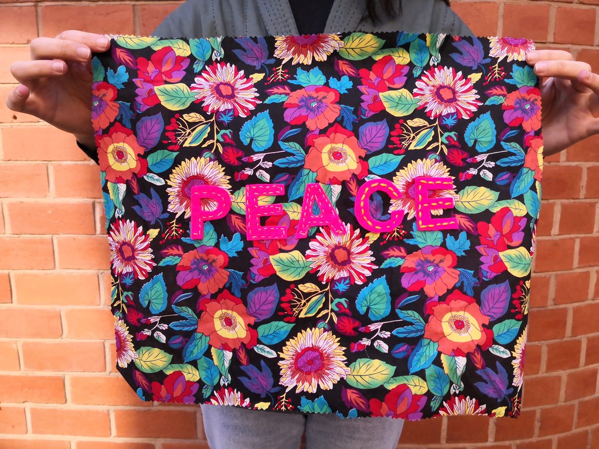 our collaborative quilt began it's journey yesterday at a #MakeItYours workshop with <a href="/nickisprints/">Nicki Dennett</a> It will continue to grow with stitch, pattern, word and friendship.  #NJMProtest #word #pattern #community #creativity #LetsCreate