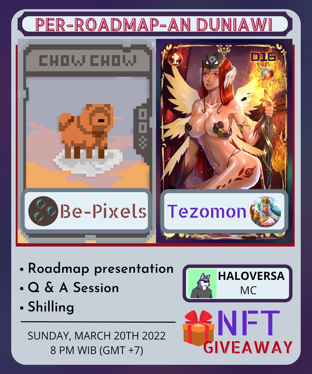 terataiapi's tweet photo. 🚨 ATTENTION 🚨

Per - RoadMap - an Duniawi 

RoadMap Presentation
QnA Session
Shilling
Giveaway 🎉
 
With Presentator @be_pixels_ &amp; @suma_story 
MC @haloversa 

Sunday, 20th March 2022
8 PM WIB (GMT+7) or 1 PM (UTC)

#NFTshill #NFTCommmunity #shilling #nftcollectors #roadmap https://t.co/gtwtS5mDFF