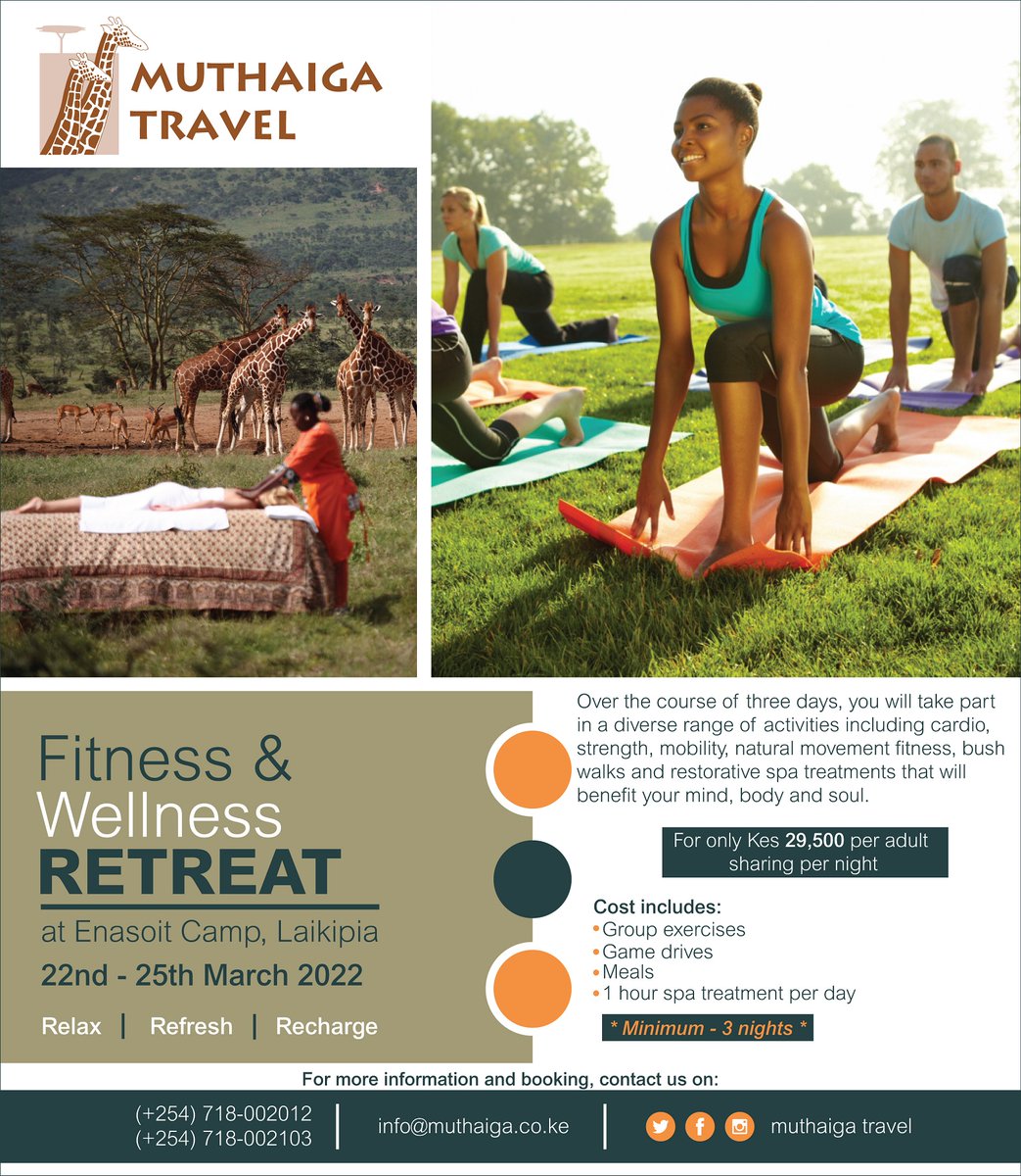 MuthaigaTravel's tweet photo. FITNESS AND WELLNESS RETREAT AT ENASOIT GAME SANCTUARY, LAIKIPIA PLATEAU
WHEN: 22nd - 25th MARCH 2022
Call or Email us TO MAKE YOUR BOOKING
☎️ +254718002012
☎️ +211924052704
📩 info@muthaiga.co.ke
#enasoit #Laikipia #safari https://t.co/qKiJNwODay