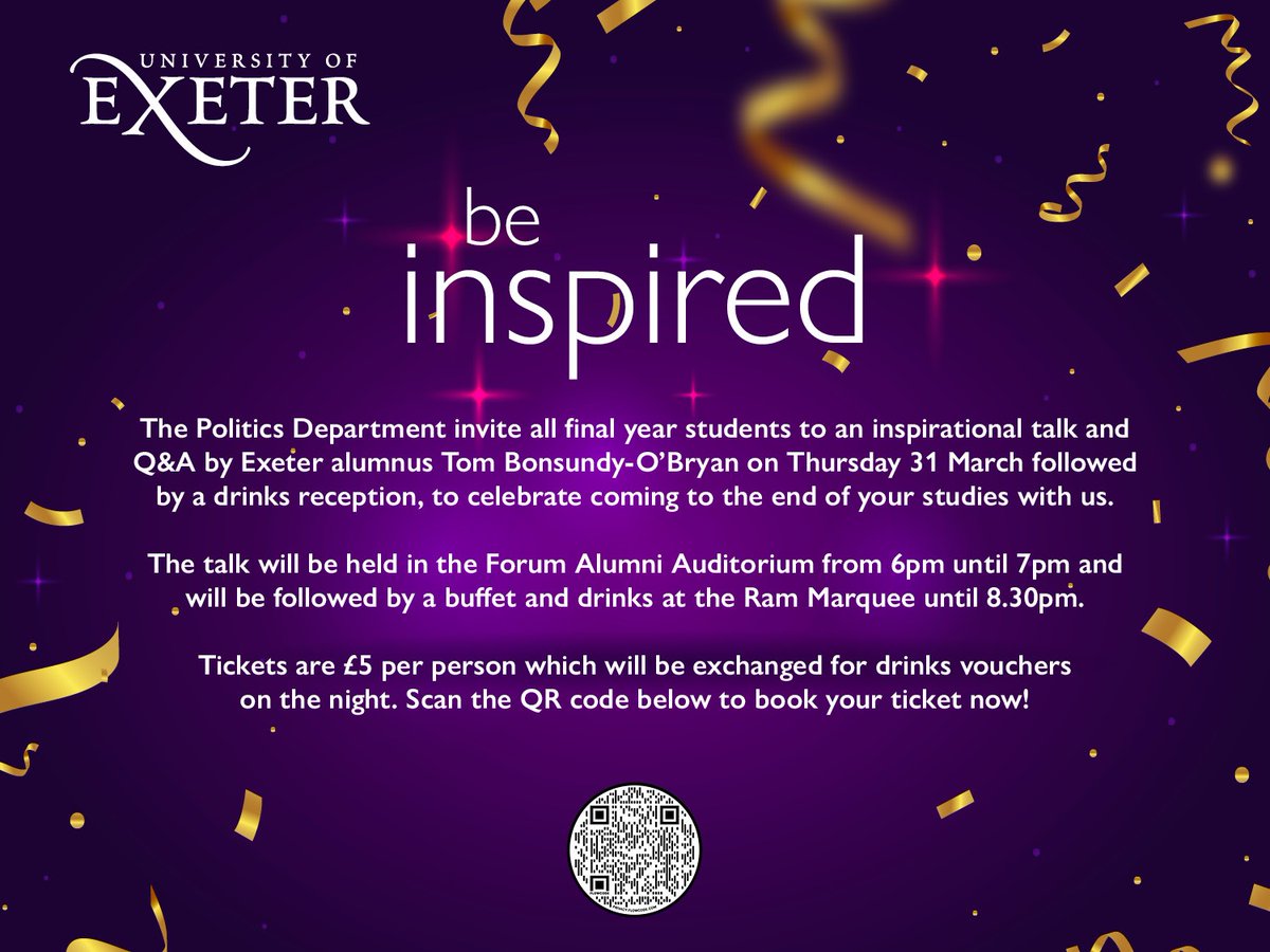 Calling all final year #Politics students! We know the end of your degree comes with mixed feelings but we'd like to #Celebrate your success &amp; resilience in coming so far! Join us at our inaugural #finalists reception with the fabulous <a href="/TBonsundyOBryan/">Tom Bonsundy-O'Bryan</a> March 31st. Book here ⏬
